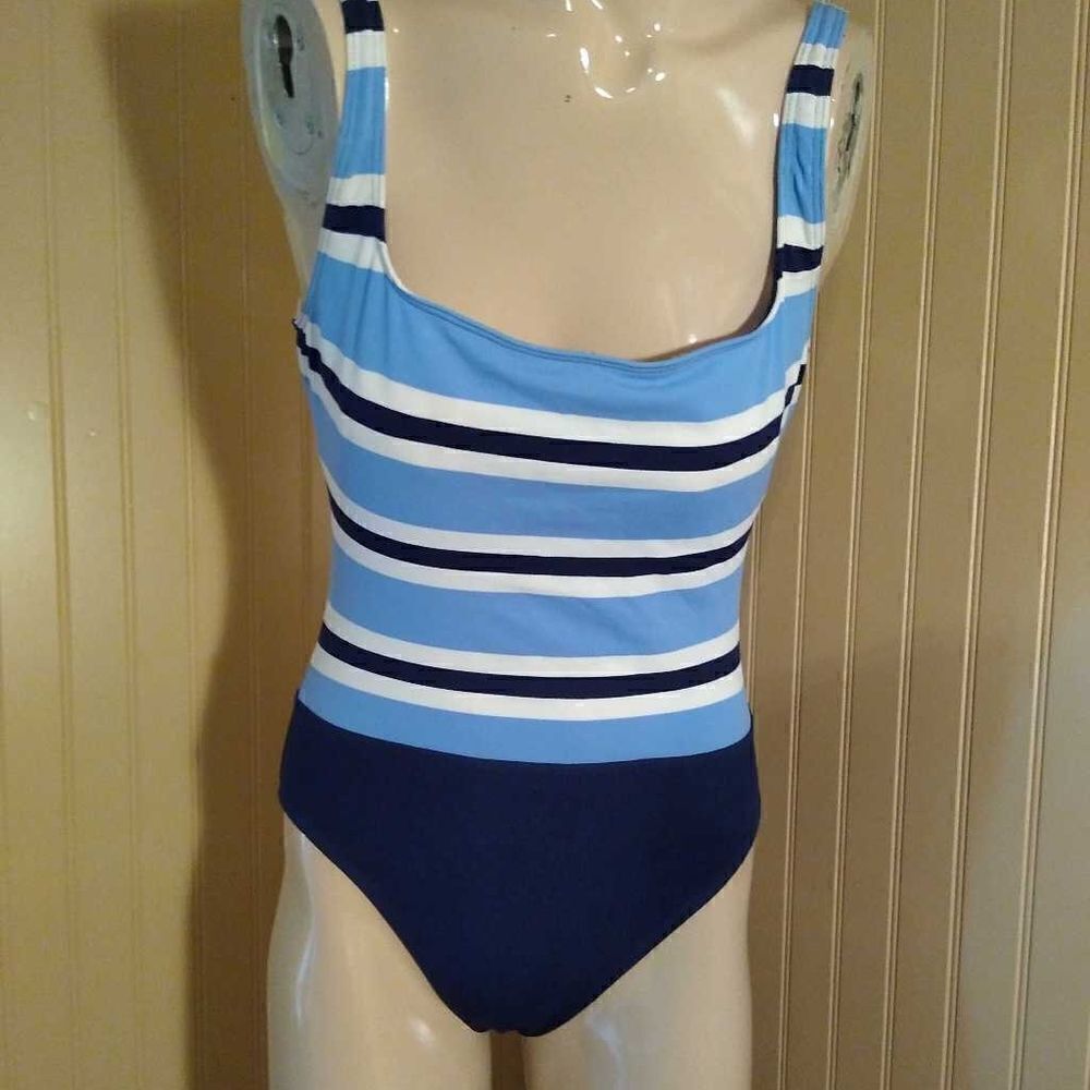 La Blanca By Rod Beattie Womens One Piece Swimsuit Blue White Stripe Stretch 8